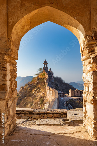 An ancient watchtower overlooking the city of Amer in Rajasthan, India.