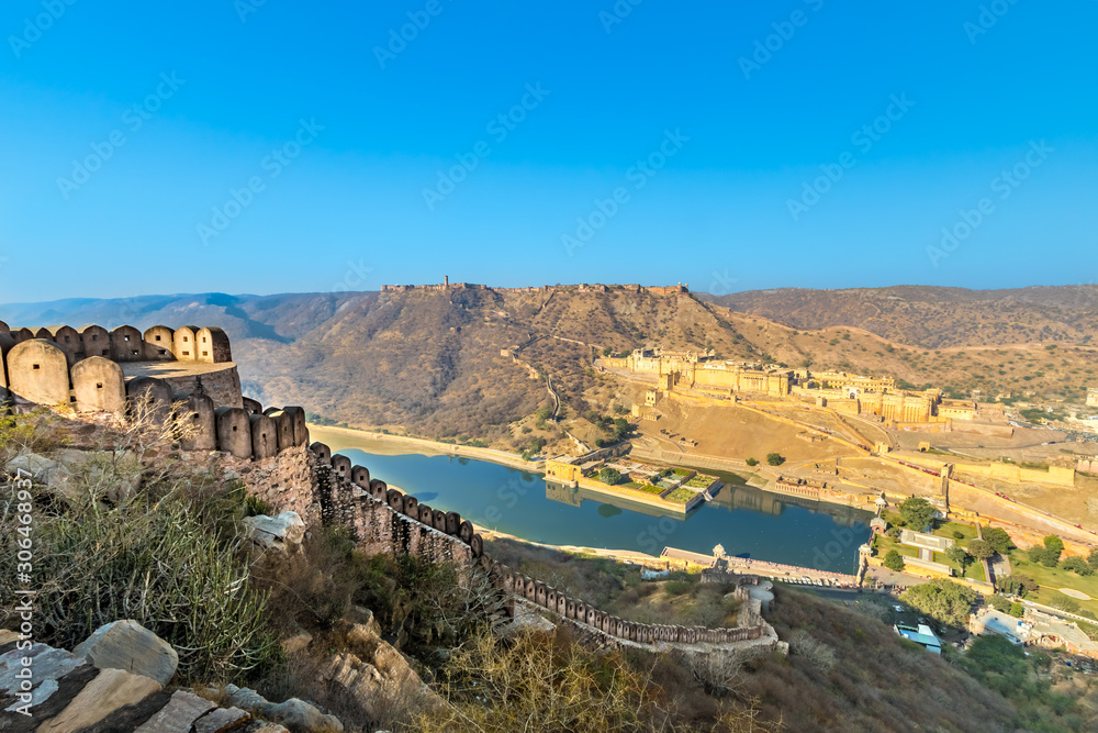 The Amber Fort and lake in Rajasthan, India.