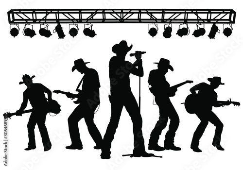 Vector silhouettes of a country music band performing on stage.