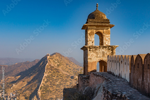 An ancient watchtower overlooking the city of Amer in Rajasthan, India.