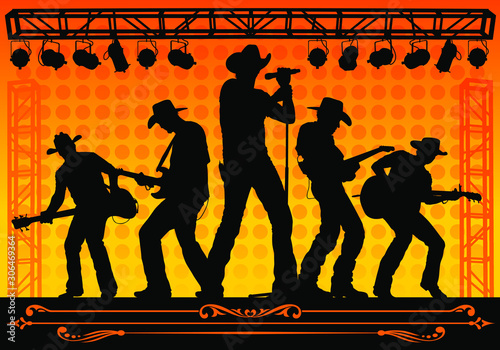 Vector silhouettes of a country music band performing on stage.