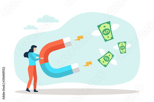 Businesswoman attract money dollar bills with a large magnet
