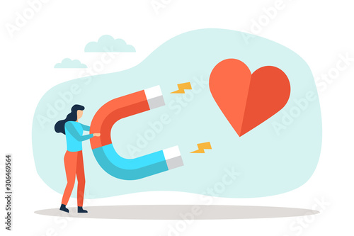 Woman attract money a heart with a large magnet
