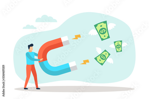 Businessman attract money dollar bills with a large magnet