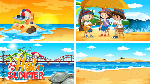 Four background scenes with summer on the beach