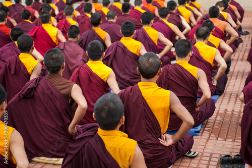 Fototapet Buddhist Monks reading scripture in a monastery.
