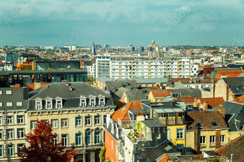 Beautiful top view of old houses in Brussels. Gorgeous bright cityscape on a sunny day.