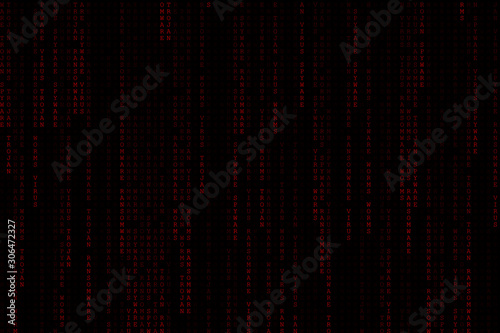 Digital red text background matrix falling from top with wording virus, ransomware, spyware, trojan and worms.