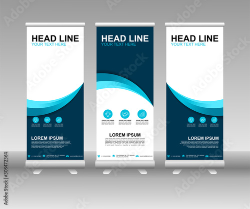 Blue Roll up banner stand. Vertical Vector template design. Modern Flag Banner Design with abstract background can be used for Annual Report, Cover, Flyer, Magazine, Presentation, Poster, Website