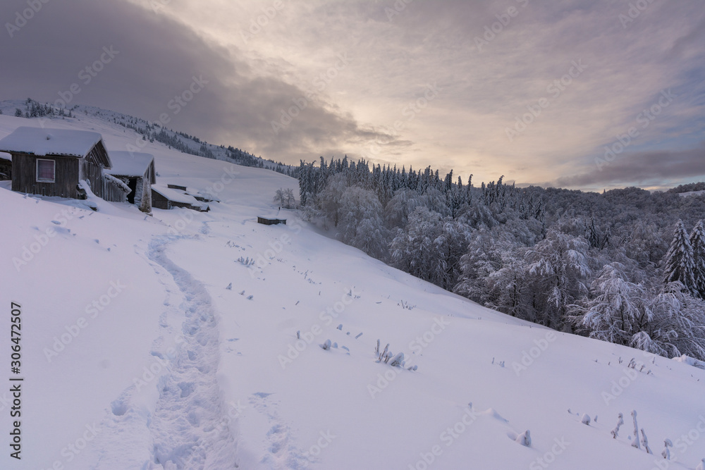 Wonderful morning in the mountainous valleys with houses in the Ukrainian Carpathians. Wonderful morning in the mountainous valleys with houses in the Ukrainian Carpathians.