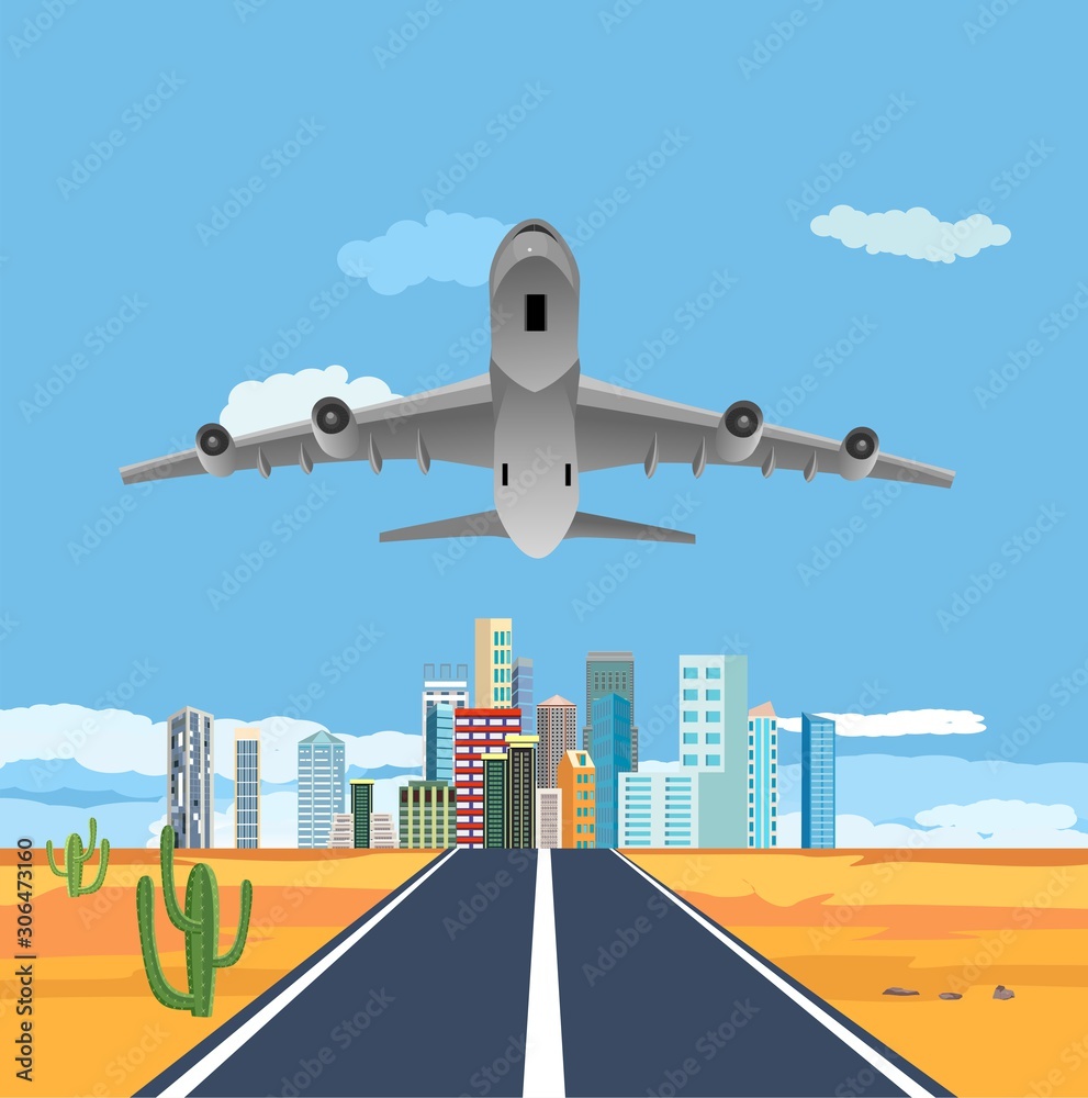 Fototapeta premium Airplane in the sky, runway take-off plane. vacation design. Blue sky. Vector illustration.