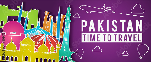 purple Pakistan of Japan famous landmark silhouette colorful style,plane and balloon fly around with cloud,vector illustration