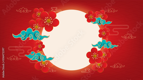 Chinese lunar year traditional background decorated with moon, flowers, and cloud Chinese on red background. Vector illustration.    