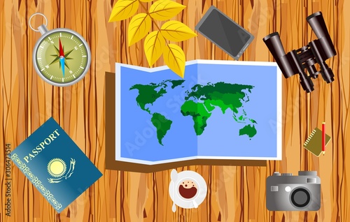 Tourism, vacation plans concept with passport, tickets, smartphone and photo camera. travel concept with . Vector illustration