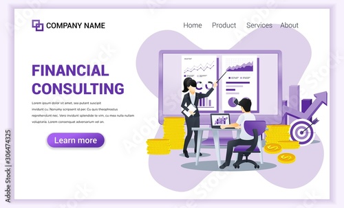 Financial Consulting concept. Consultant presenting data and report financial on screen. Can use for web banner, infographics, landing page, web template. Flat vector illustration