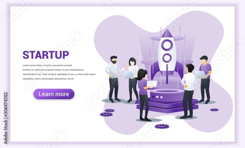 Start up Project concept business development. people working on rocket and getting ready for a launch startup. Can use for web banner, infographics, landing page, web template. Vector illustration