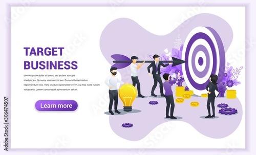 business concept. People working together holding a big dart aimed at the dartboard for reach the target business. Hit the target, goal achievement, leadership, partnership. Flat vector illustration