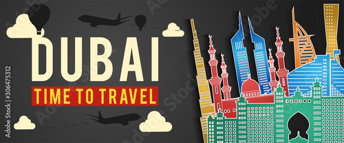 black banner of Dubai famous landmark silhouette colorful style,plane and balloon fly around with cloud,vector illustration