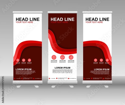 Red Roll up banner stand. Vertical Vector template design. Modern Flag Banner Design with abstract background can be used for Annual Report, Cover, Flyer, Magazine, Presentation, Poster, Website