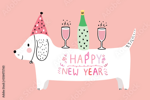 Cartoon cute dog and champagne celebration new year vector.