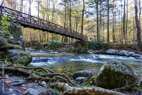 Forest Bridge Over Rocky River Waterfall