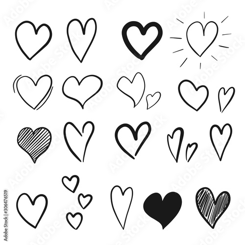 Collection of hand drawn hearts isolated on white background. Vector illustration