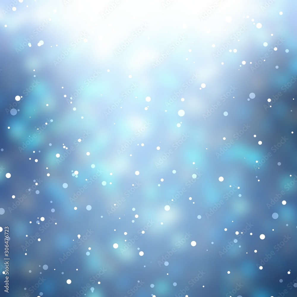 Light snow on blue glare blur background. Winter festive plain illustration.