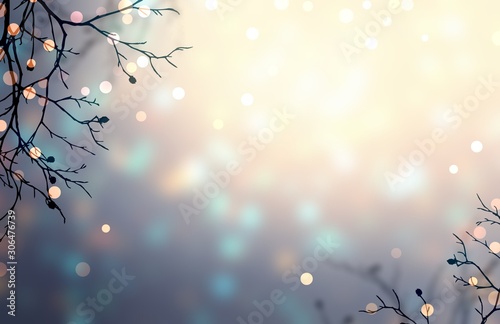 Branches decorated with warm, golden lights. Pearl brilliant blurred background. Golden and blue glare on silver backdrop. New year forest magic vignette. Delicate romantic winter style.