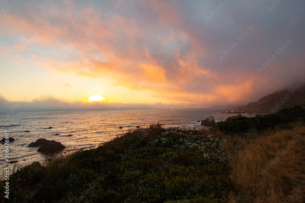 Colorful Sunrise over Pacific Ocean with Flowering Grassy Cliff