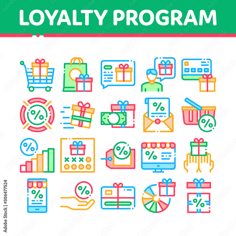 Loyalty Program For Customer Icons Set Vector Thin Line. Human Silhouette And Present In Box Or Bag, Percent Mark And Money Loyalty Program Concept Linear Pictograms. Color Contour Illustrations Loyalty Program For Customer Icons Set Vector Thin Line. Human Silhouette And Present In Box Or Bag, Percent Mark And Money Loyalty Program Concept Linear Pictograms. Color Contour Illustrations