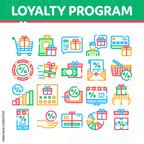 Loyalty Program For Customer Icons Set Vector Thin Line. Human Silhouette And Present In Box Or Bag, Percent Mark And Money Loyalty Program Concept Linear Pictograms. Color Contour Illustrations