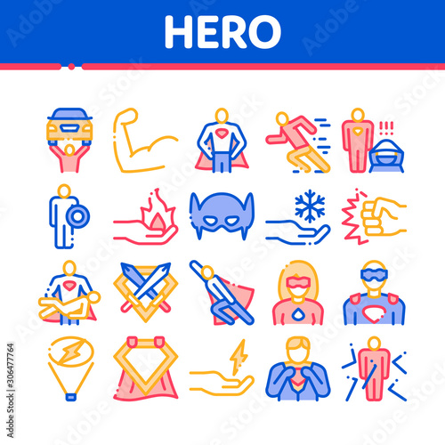 Super Hero Collection Elements Icons Set Vector Thin Line. Hero Superman Silhouette And Woman, Face Mask And Muscle Power Concept Linear Pictograms. Color Contour Illustrations