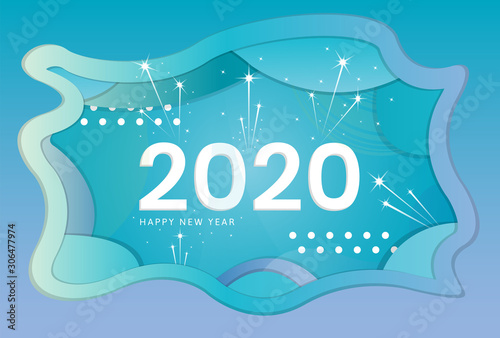 Happy 2020 new year colour banner in paper style for yout seasonal holidays flyers, greeting and invitations, Christmas themed congatulations and cards. Vector illustration.