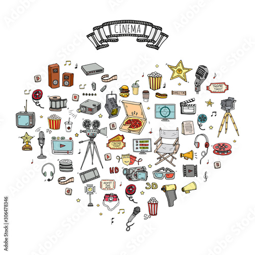 Hand drawn doodle Cinema set. Vector illustration. Movie making icons. Film symbols collection. Cinematography freehand elements: camera, film tape, photo camera, pizza, popcorn, projector, microphone