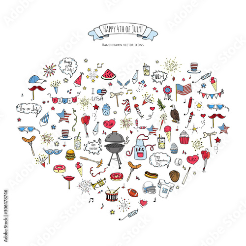 Hand drawn doodle Happy 4th of July icons set Vector illustration USA independence day symbols collection Cartoon sketch celebration elements: BBQ, food, drink, party, rocket, fireworks, American flag