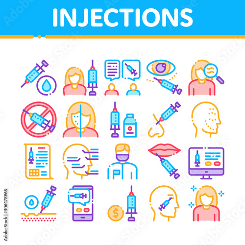 Injections Collection Elements Icons Set Vector Thin Line. Anti-ageing Treatments Procedure, Fillers Medical Cosmetic Injections Concept Linear Pictograms. Color Contour Illustrations