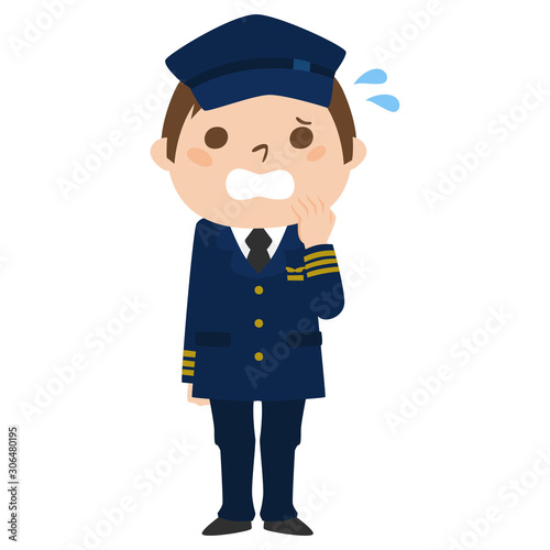 職業別、男性パイロットのイラスト。汗をかいて、慌てている男性。