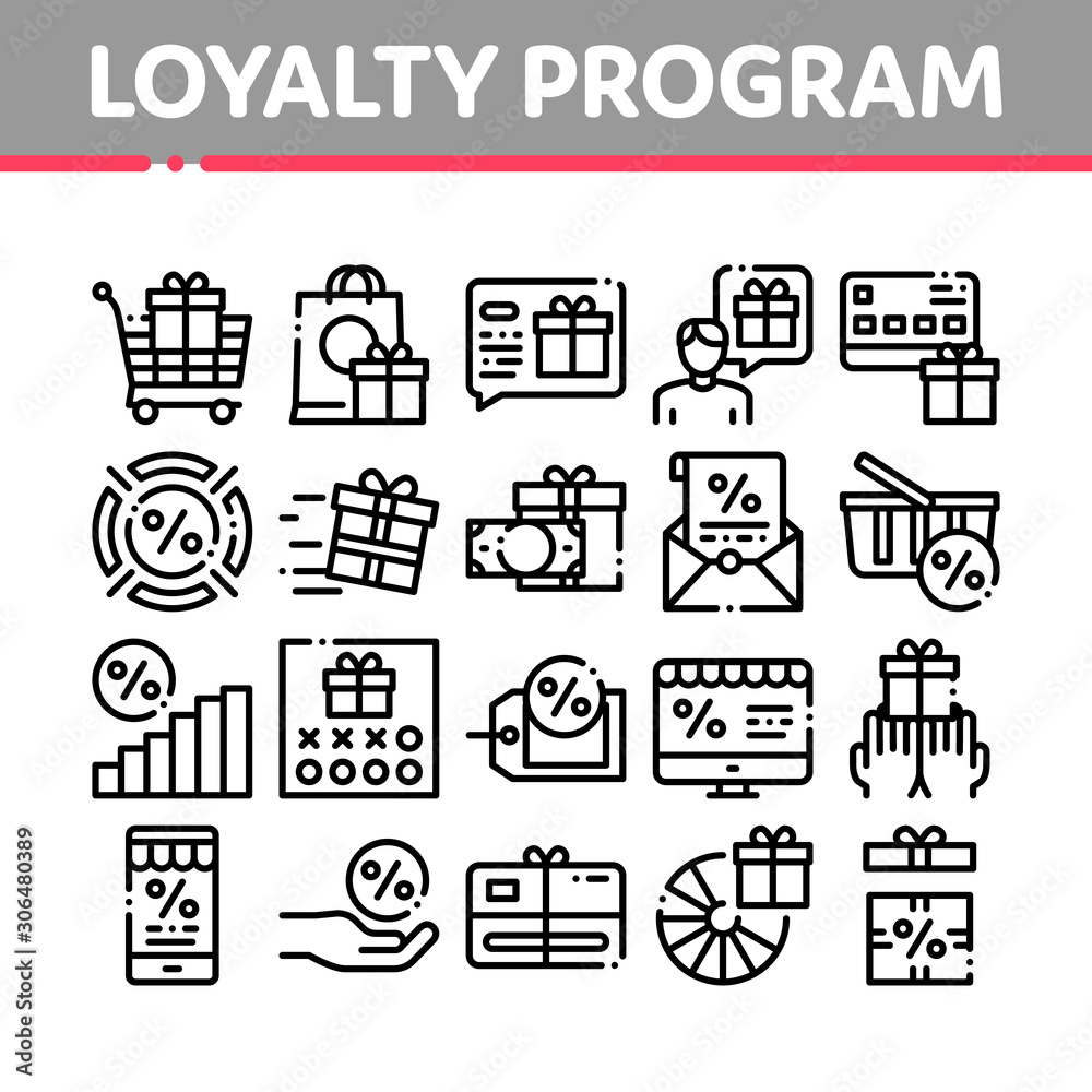 Loyalty Program For Customer Icons Set Vector Thin Line. Human Silhouette And Present In Box Or Bag, Percent Mark And Money Loyalty Program Concept Linear Pictograms. Monochrome Contour Illustrations