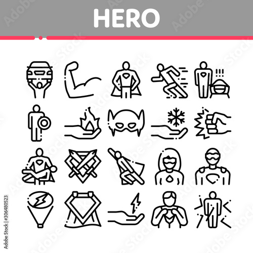 Super Hero Collection Elements Icons Set Vector Thin Line. Hero Superman Silhouette And Woman, Face Mask And Muscle Power Concept Linear Pictograms. Monochrome Contour Illustrations