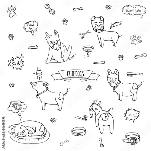 Hand drawn doodle set of cute dogs icons Vector illustration set. Cartoon normal everyday home pets activities symbols. Sketchy puppy collection: take a shower, grooming, sleep, walk, washing teeth