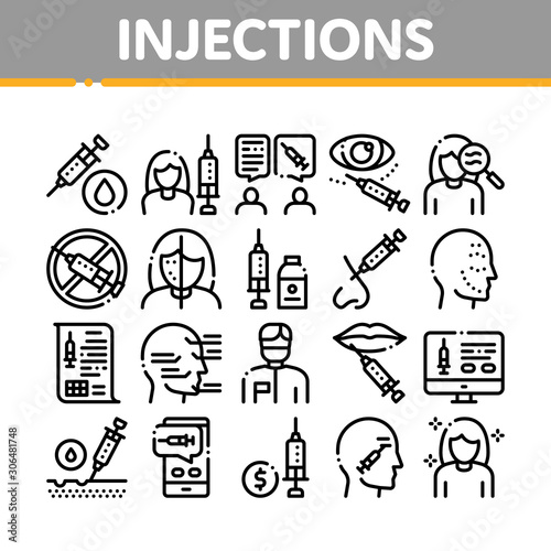 Injections Collection Elements Icons Set Vector Thin Line. Anti-ageing Treatments Procedure, Fillers Medical Cosmetic Injections Concept Linear Pictograms. Monochrome Contour Illustrations