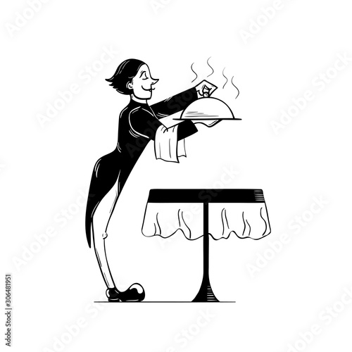 Illustration of a waiter is opening a hot tray