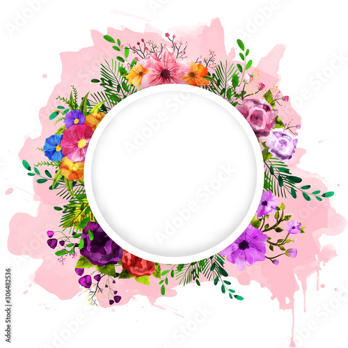 Colorful Flowers Decorated Empty White Circular Frame Given For Text on Pink Watercolor Background.