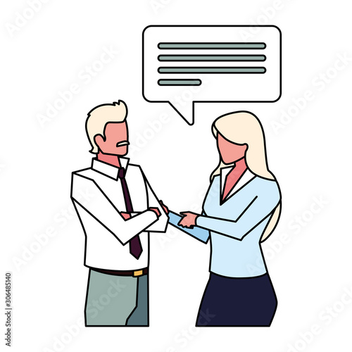 business couple with speech bubble on white background