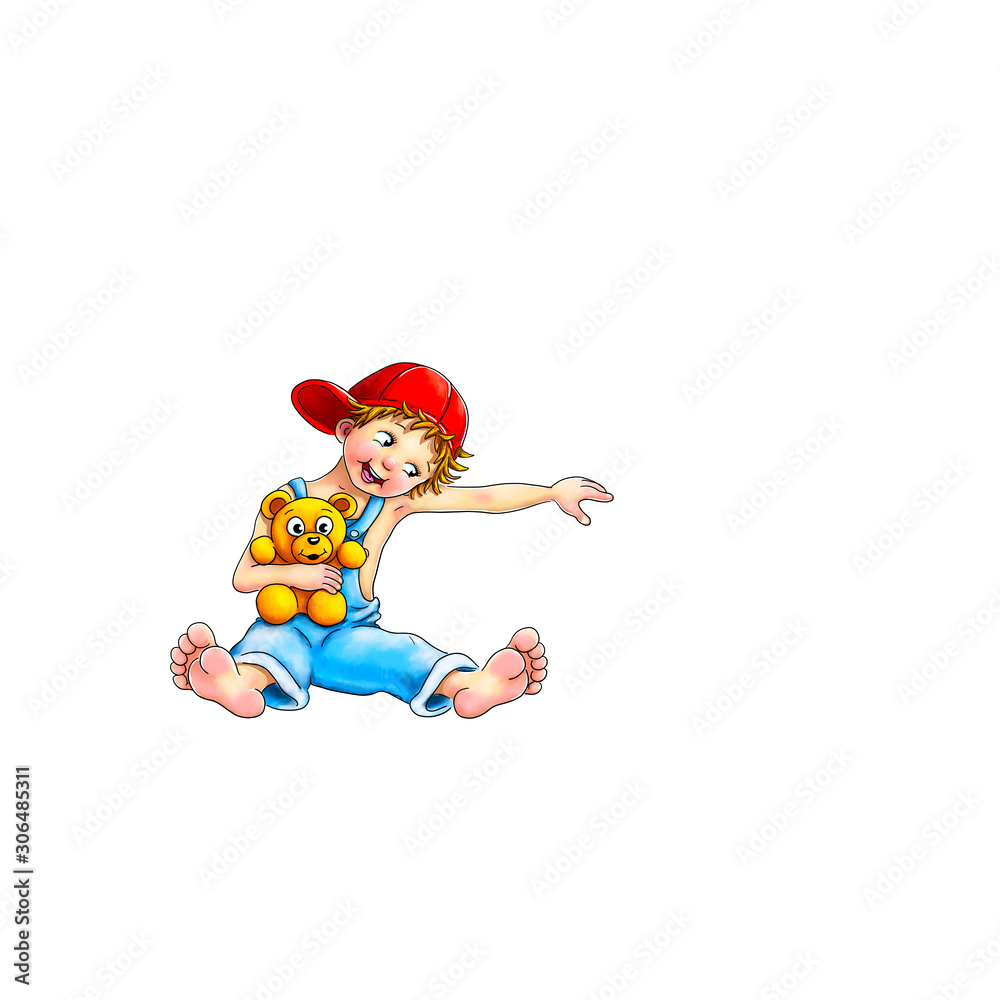 Das mag ich voll. Niedlicher kleiner Junge mit roter Schirmmütze sitzt barfuß mit Teddy Bär im Arm, lehnt auf etwas und lächelt dies an, Werbung, logo, design, cute barefeet boy, Vorlage, Template 