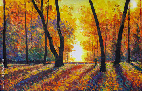 Sunny autumn forest oil painting modern impressionism autumn landscape. Dark trees in autumn park. Gold expressionism fineart illustration autumn nature photo