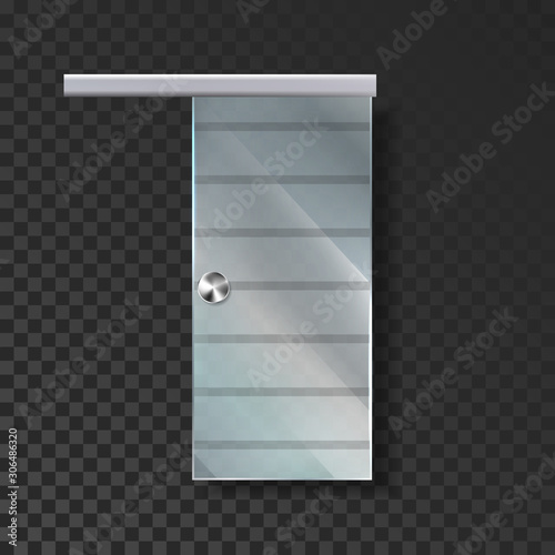 Sliding Glass Door With Chrome Handle And Hinges Vector. Elegant Transparency Door Entrance To Restaurant Or Cafe. Architecture Interior And Exterior Access Element Realistic Illustration