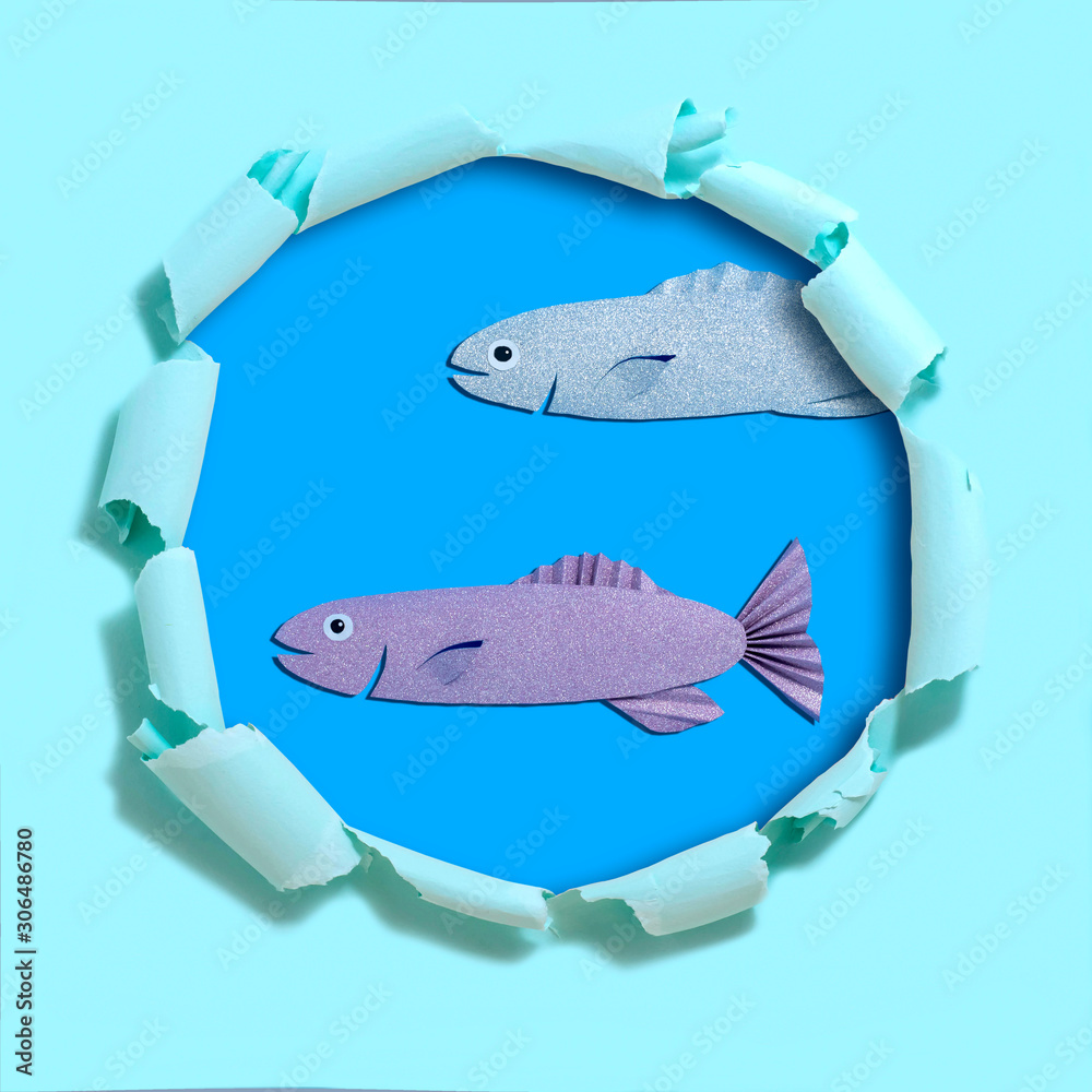 Poster Handmade paper fish on torn paper with hole โ Wall Art | UkPosters