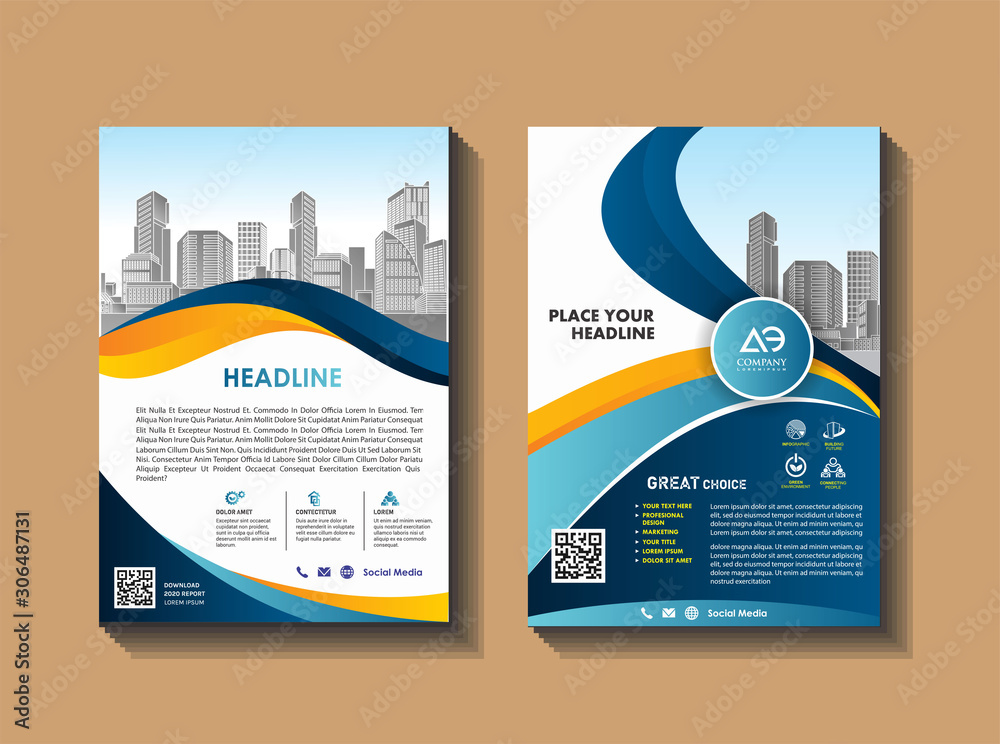 Vector Business brochure, flyers design template, company profile, magazine, poster, annual report, book & booklet cover, with green wavy line, and cityscape vector in background elements, size a4. Vector Business brochure, flyers design template, company profile, magazine, poster, annual report, book & booklet cover, with green wavy line, and cityscape vector in background elements, size a4.
