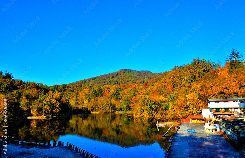 Lake Ursu in Sovata resort in autumn Romania